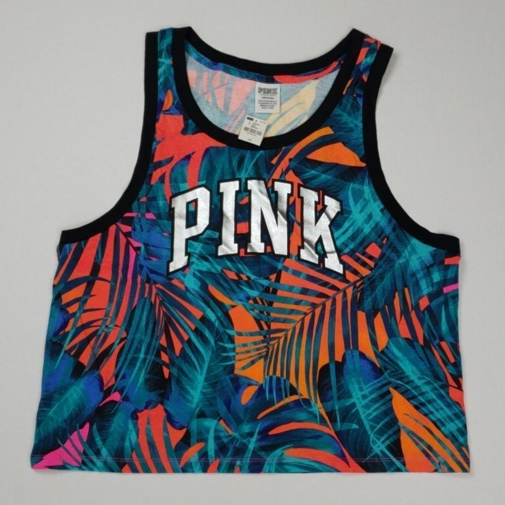 Victoria's Secret PINK Tropical Palm Print Sleeveless Cropped Tank Top NWT
